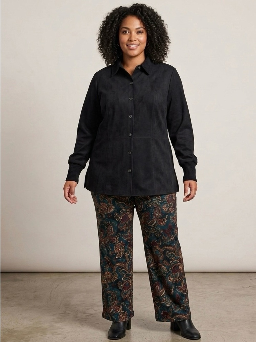 Talbots Button Shirt Jacket Womens 1X Black Vegan Faux Suede Long Sleeve Collar